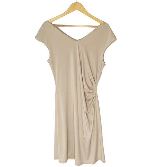Brian Bailey Jersey Side Ruched Dress in Khaki Beige Size L - Picture 3 of 5